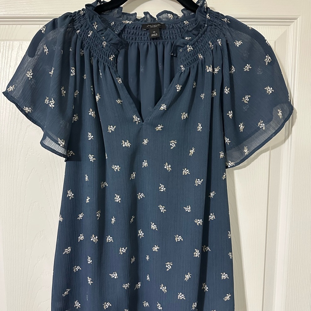 Ann Taylor Navy Blouse with White Floral Design
